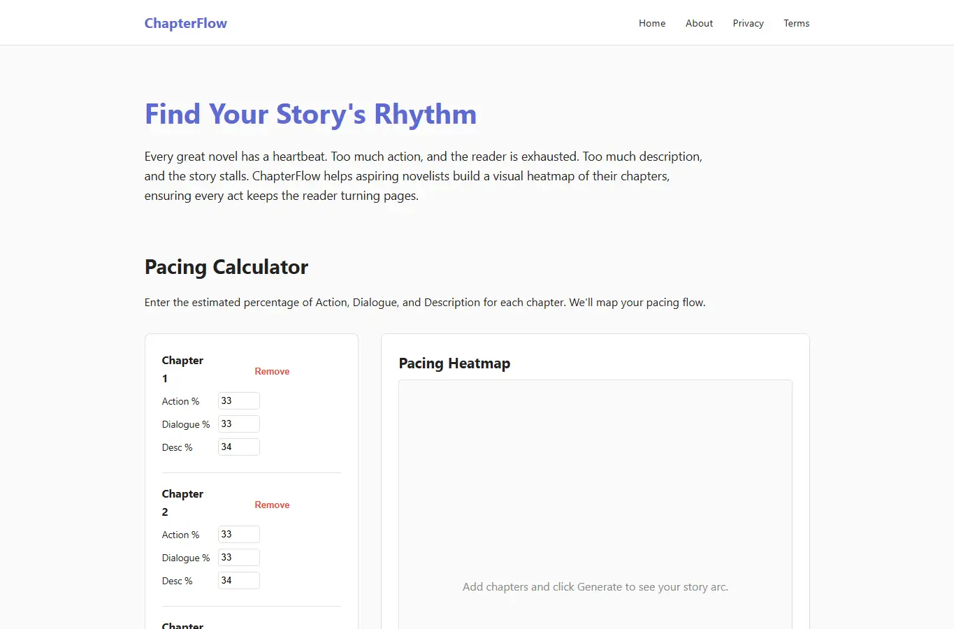 Screenshot of ChapterFlow: Novel Pacing Tool interface showing the project page in use